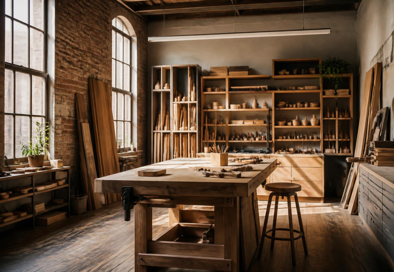 Owner-run woodworking studio in a historic brick building, sunlight across an organized workbench