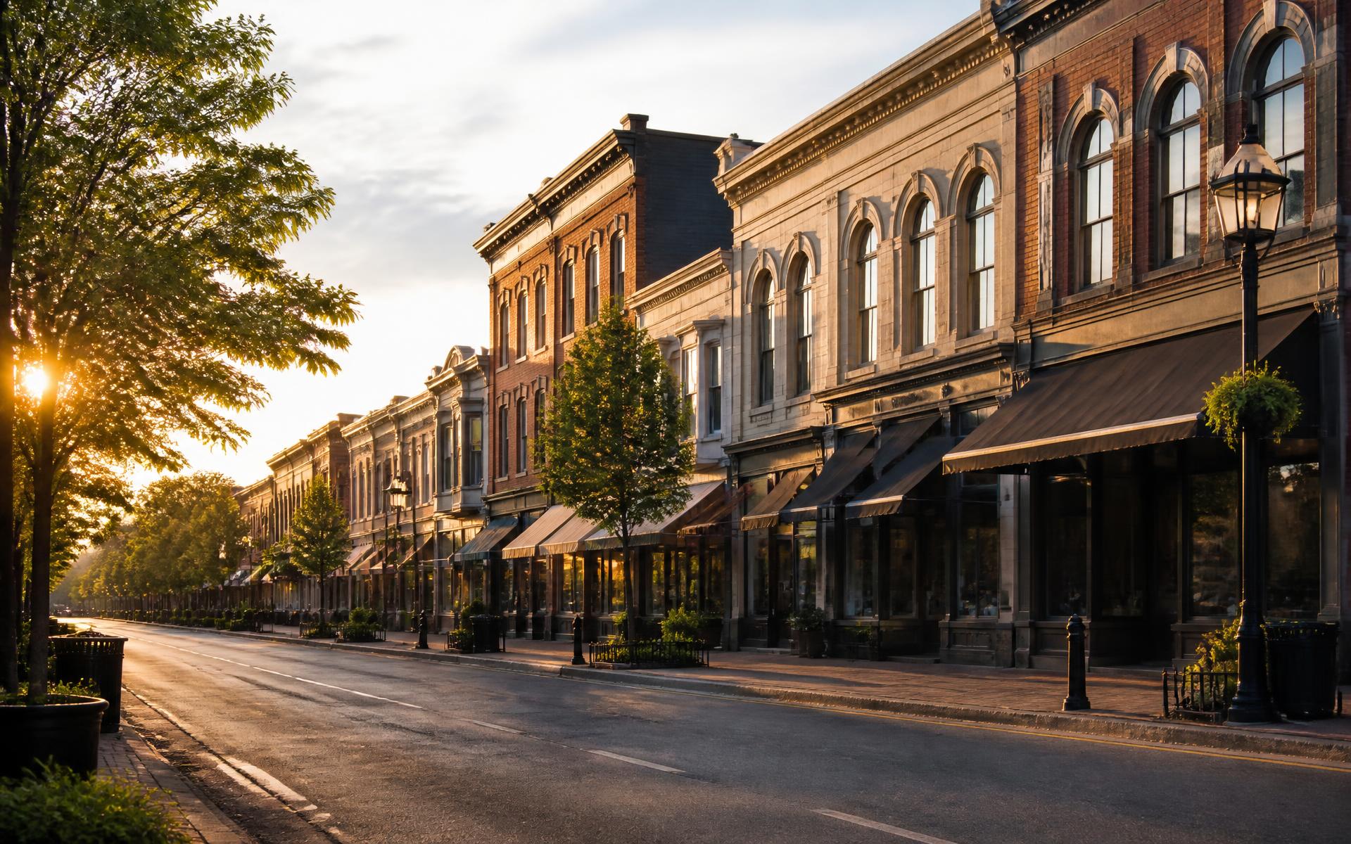 Historic brick storefronts along Main Street in downtown Franklin, Tennessee at golden hour